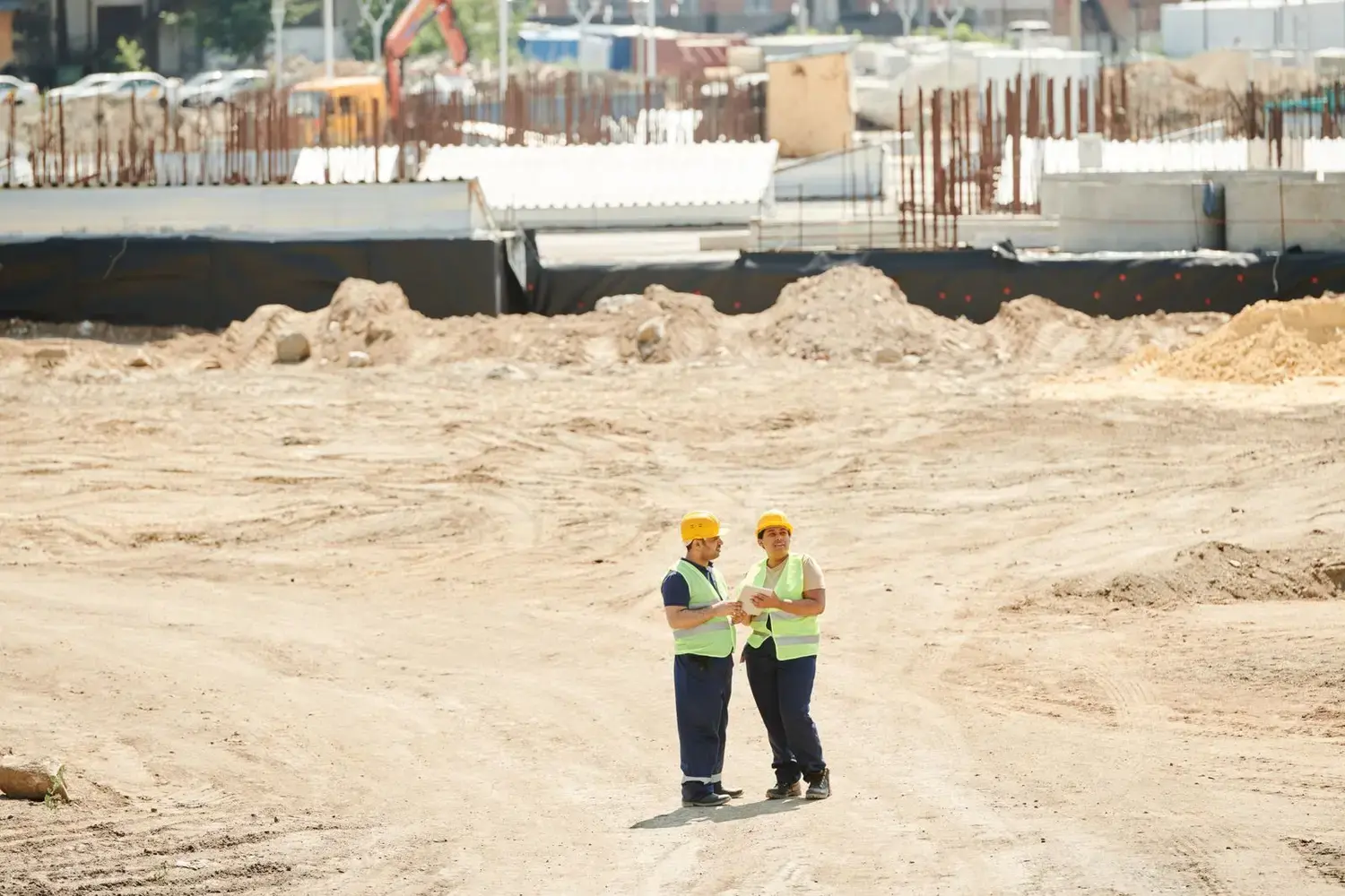 Two workers in hi-vis and hard hats on a construction site